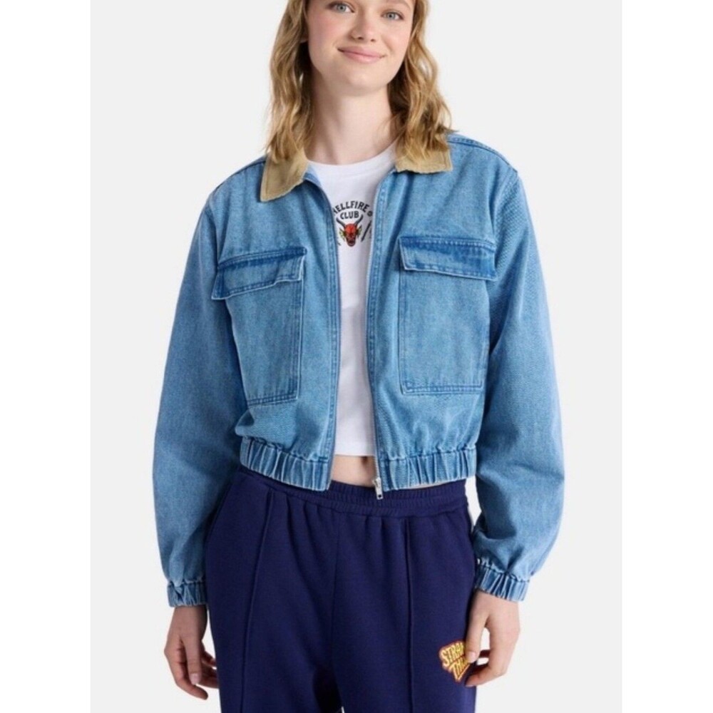 Stranger Things X No Boundaries Light Blue Retro Cropped Denim Jacket Size L